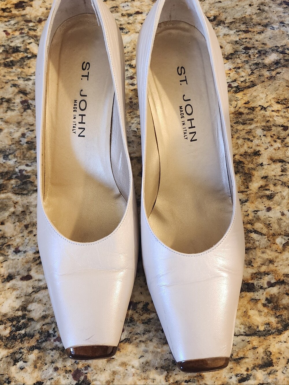St. John Cream Leather Square-Toe Pumps with Brown Toe Accent